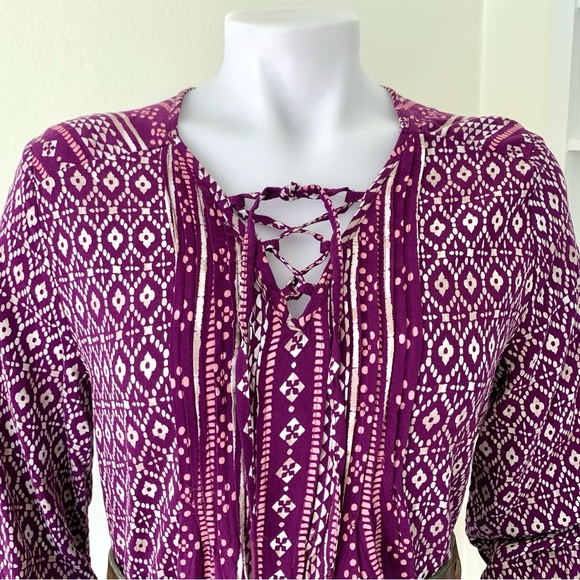 purple and white ikat geometric print flowy 3/4 sleeve tunic dress - Picture 3 of 16
